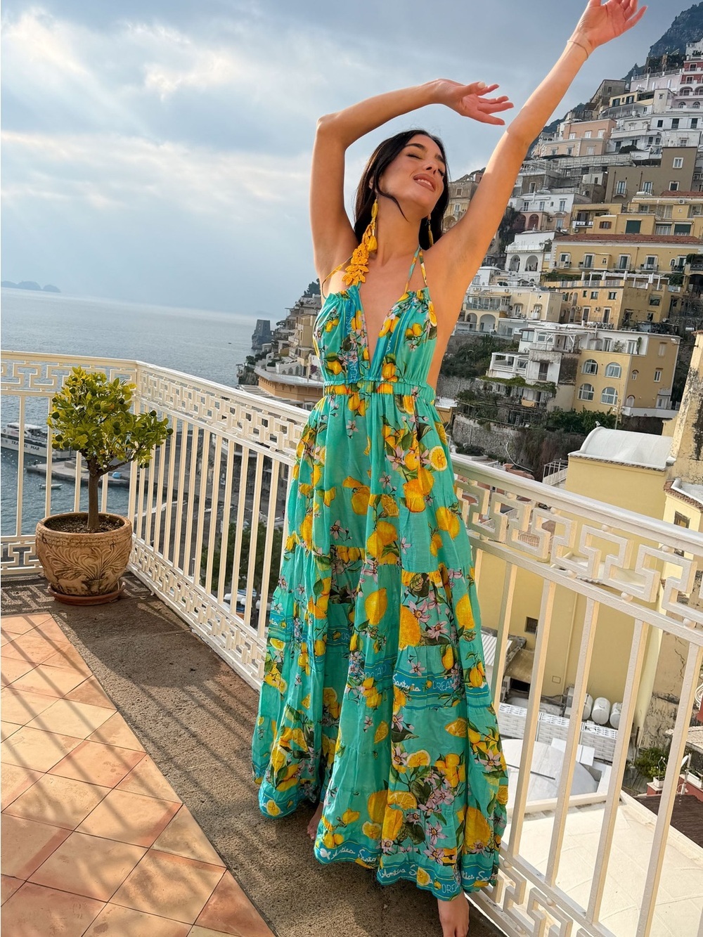Antica Sartoria 2026 Aqua Floral Lemon Halter Maxi Dress O/S NWT